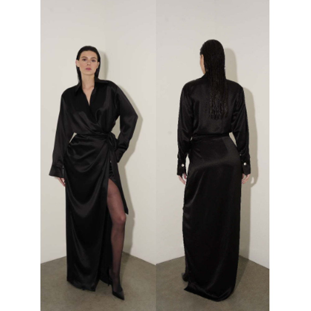 NWT Nonchalant Label Dallas Satin Long Sleeve Maxi Wrap Dress Black Women's XS